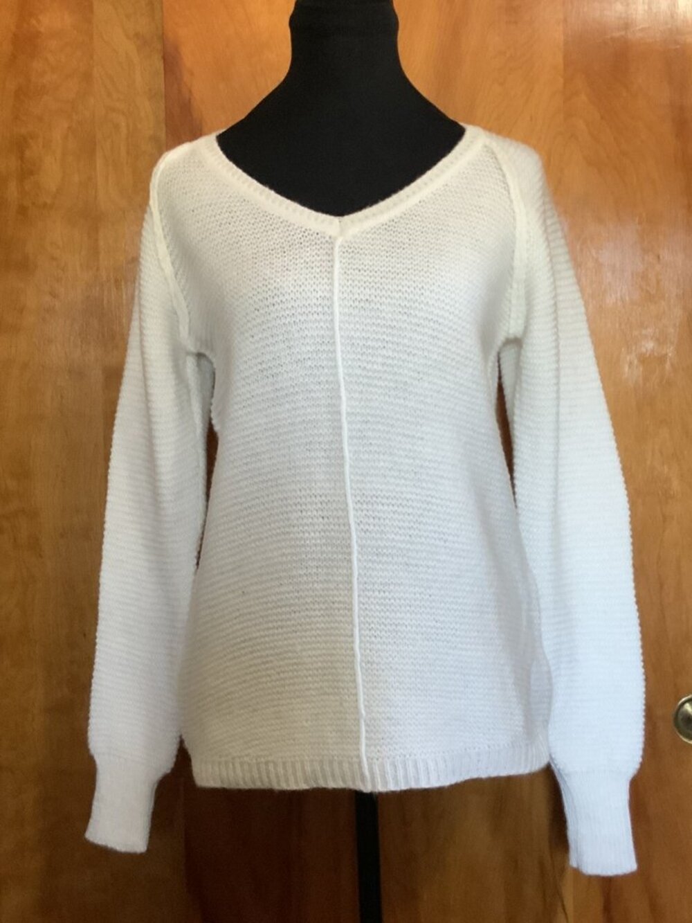 Attention White V Neck Knit Sweater Size S Cozy Minimalist Ribbed Pullover Y2K